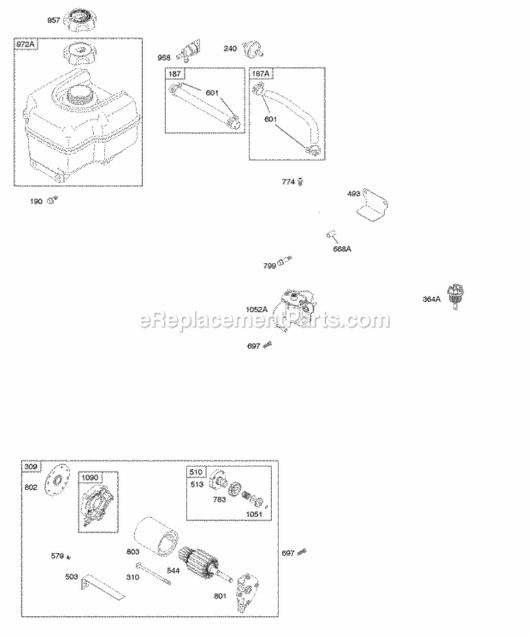 Electric Starter Fuel Supply Diagram and Parts List for 210417-0134-E1  Briggs and Stratton Engine